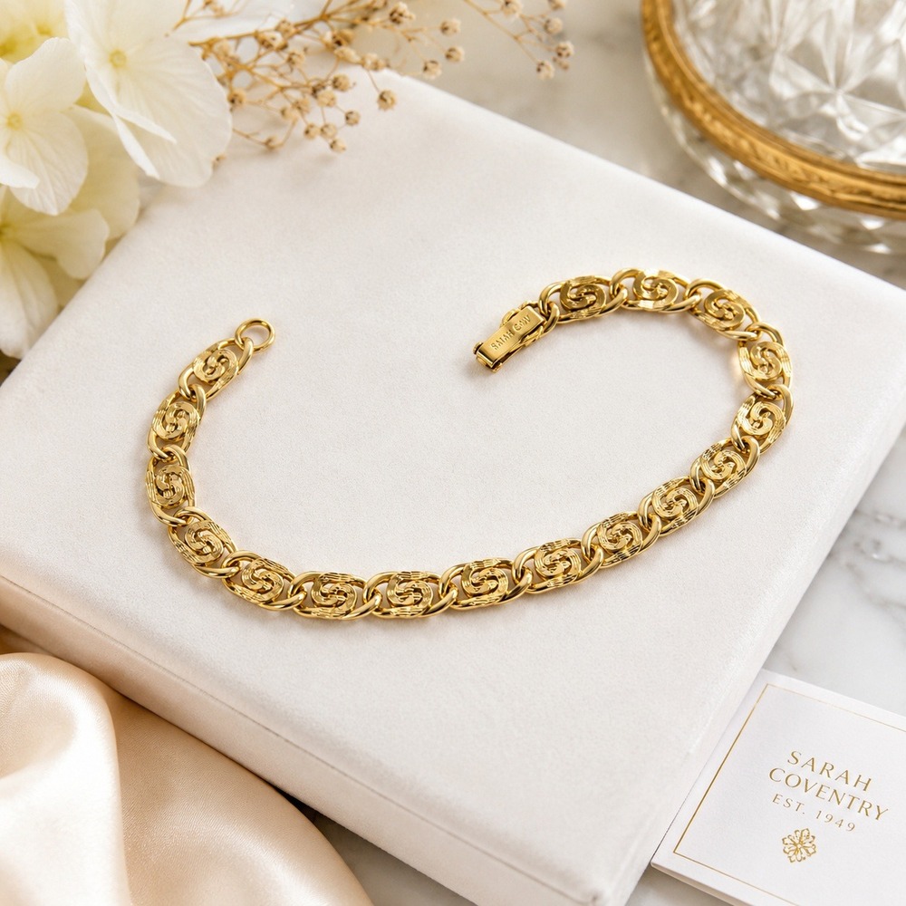 Sarah Coventry Chain Bracelet Women 7.25 Gold Tone Textured Swirl Link Vintage